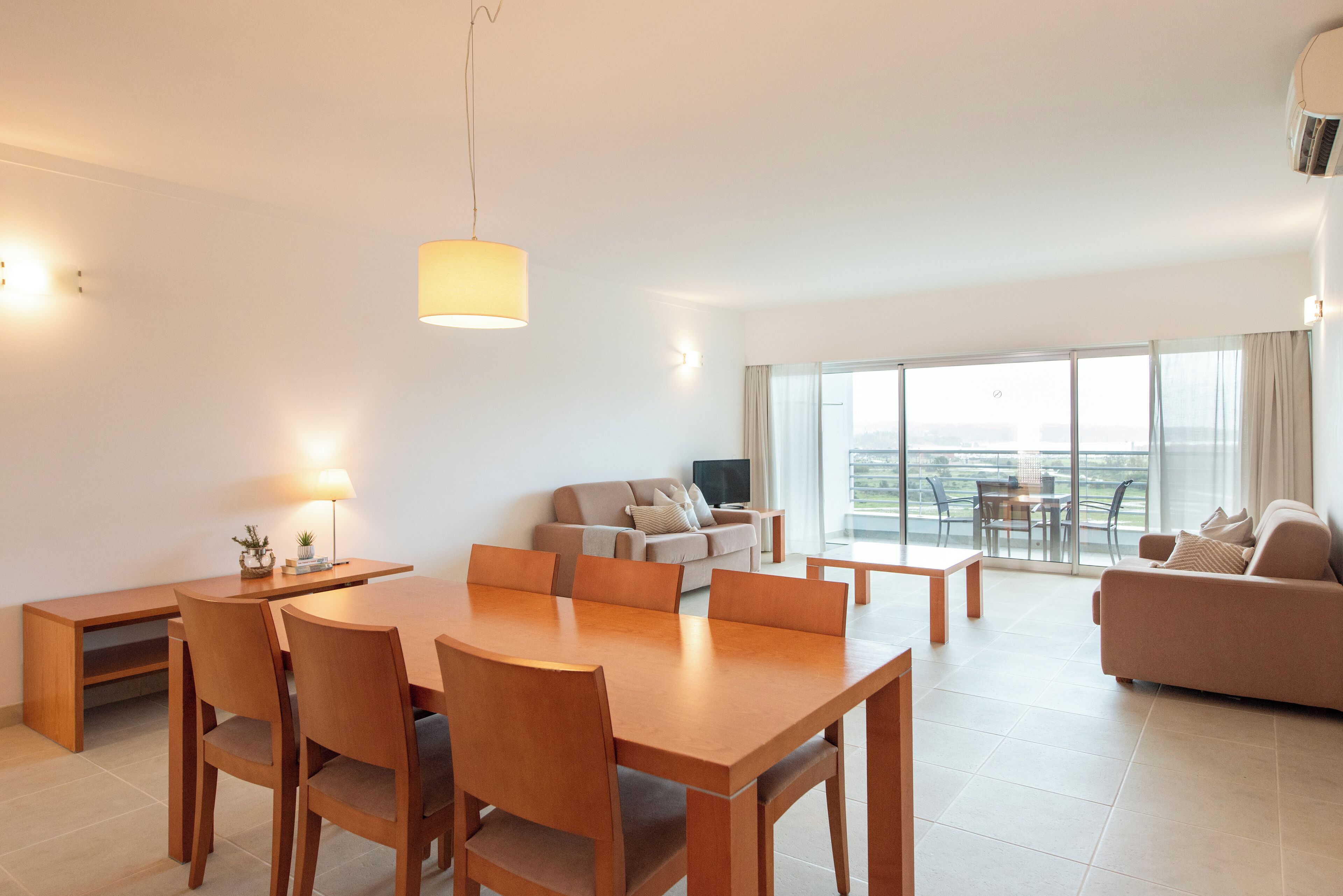 A modern living room with a dining area, a sofa, and a TV.