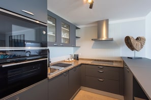 Departamento Premium, 1 cama King size, vista al río | Cocina privada | Refrigerador con congelador, microondas, horno y parrilla de estufa