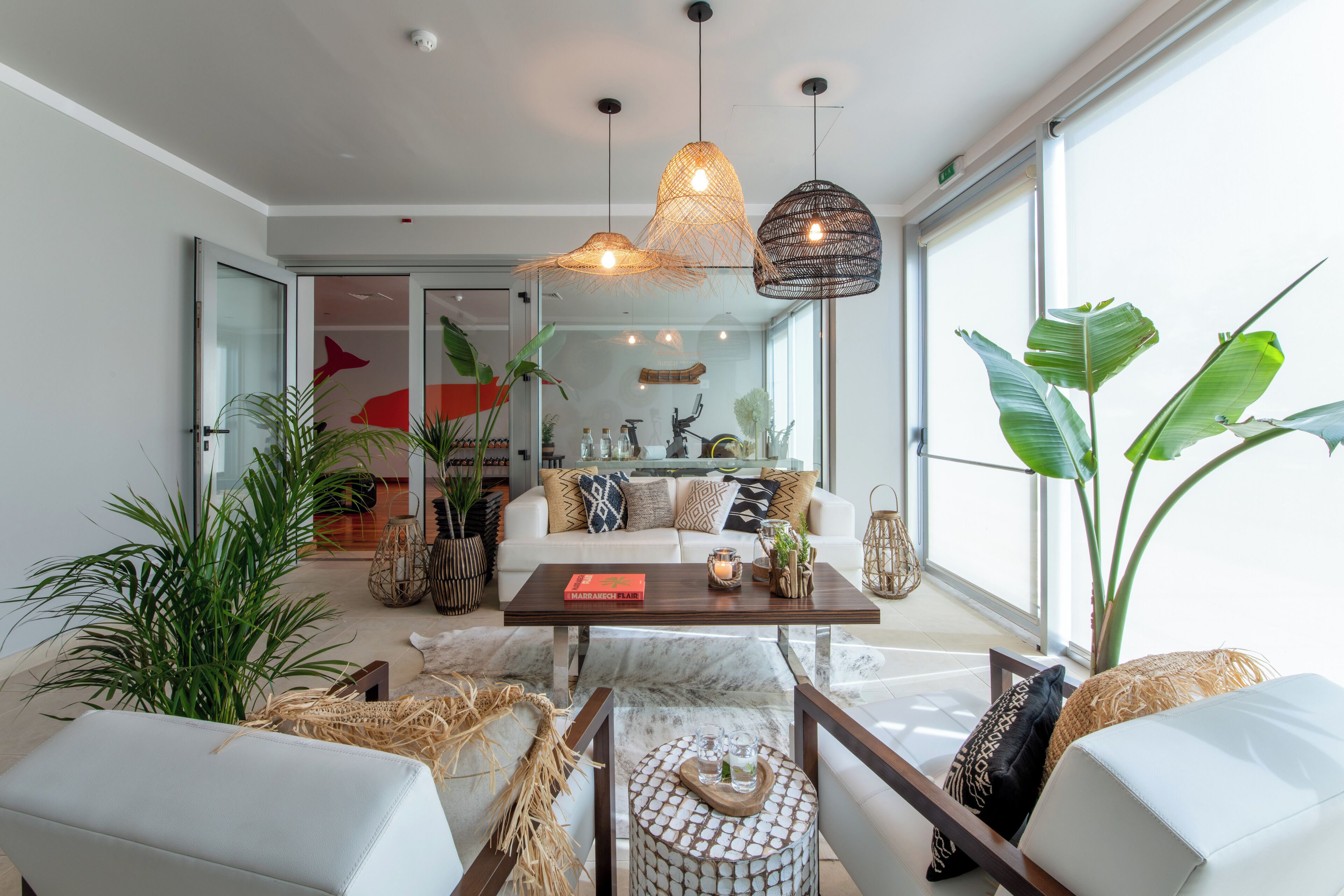 A modern living room with a sofa, coffee table, and chairs. There are plants, a book, and decorative items on the table.