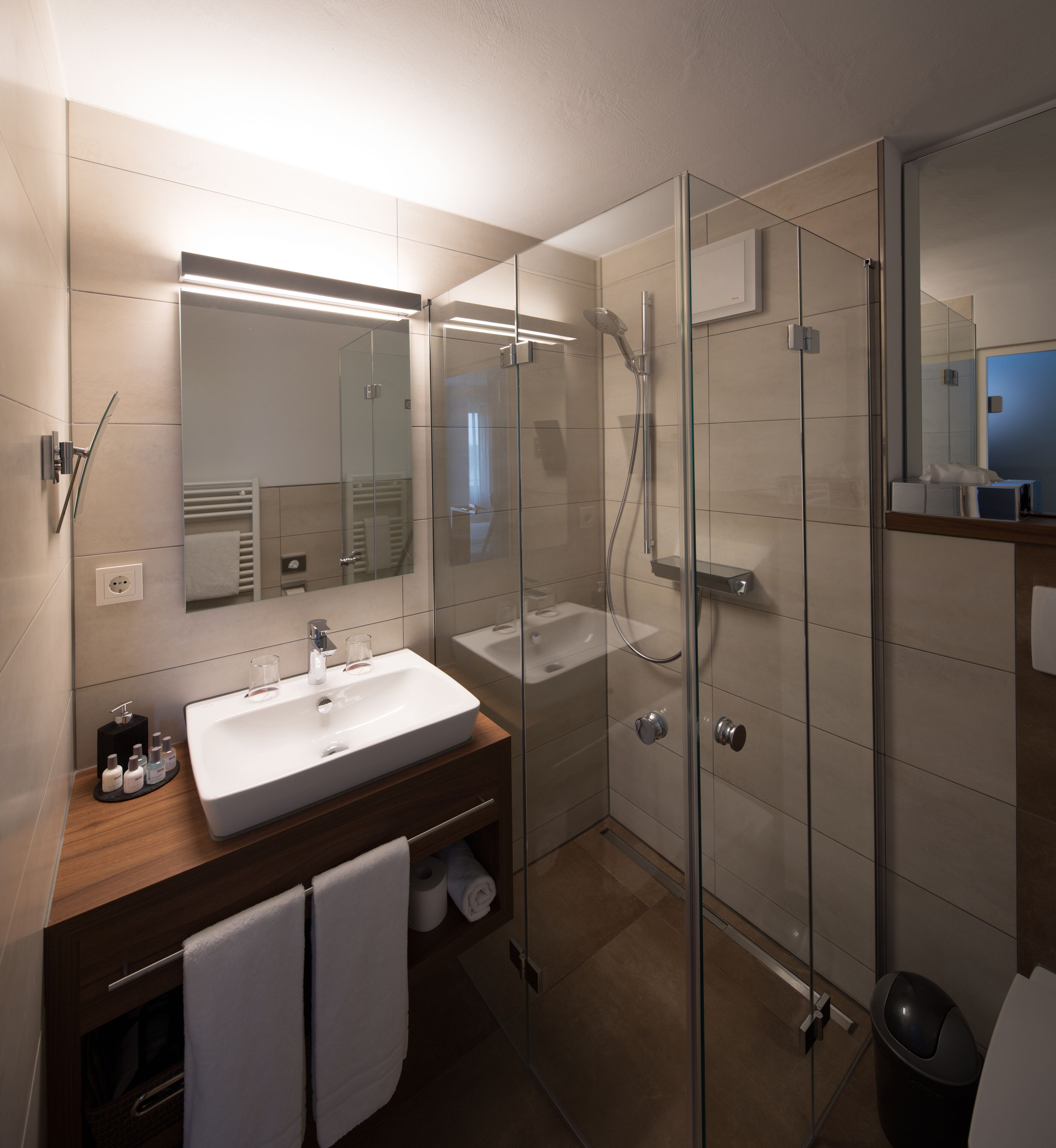 eco-friendly toiletries, hair dryer, towels, soap