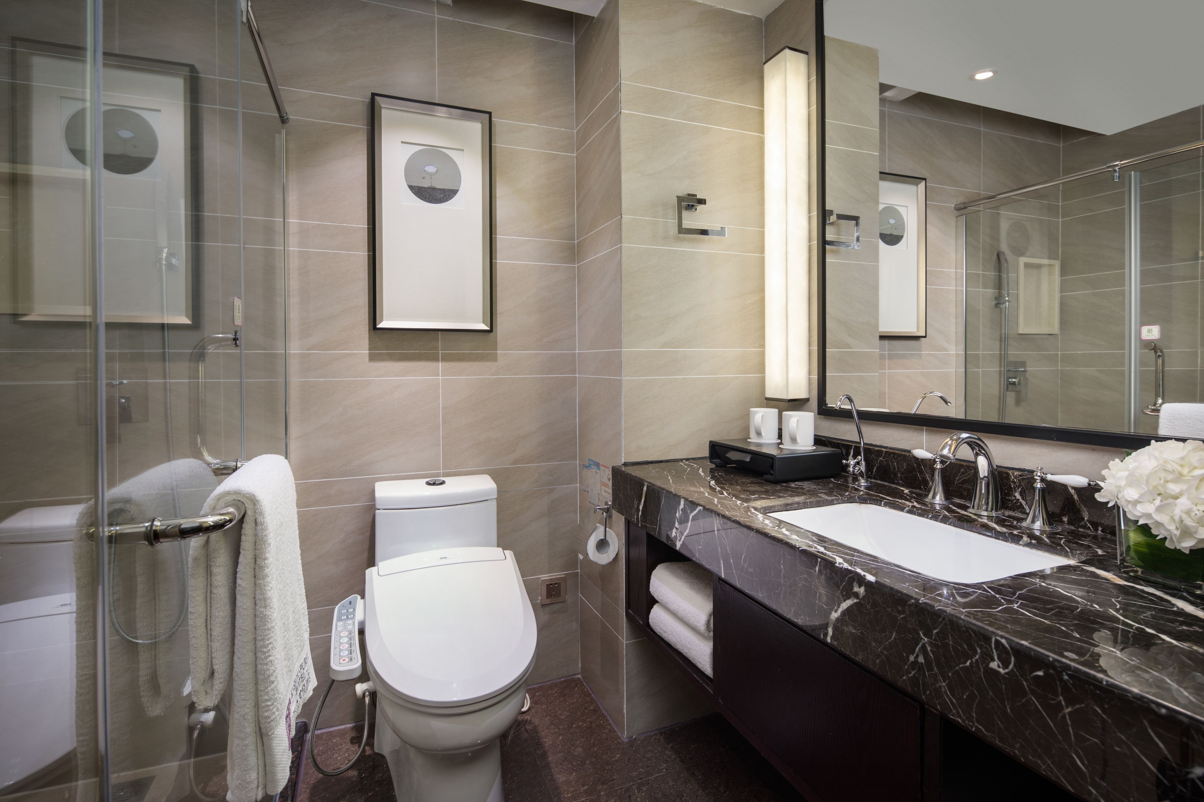 free toiletries, hair dryer, slippers, towels