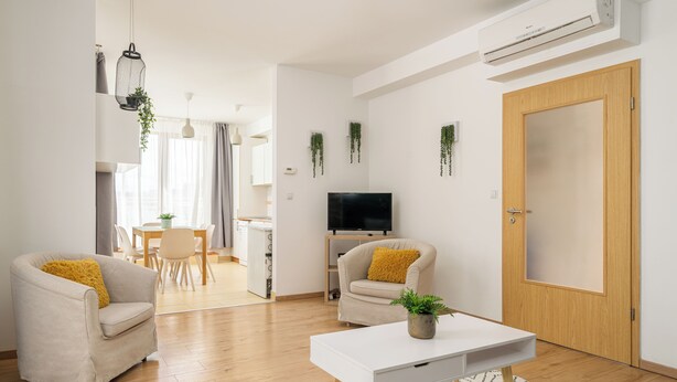 Una sala de estar moderna con un sofá, una mesa de centro y un televisor. Se observa una puerta de madera y una pared blanca con plantas colgantes.