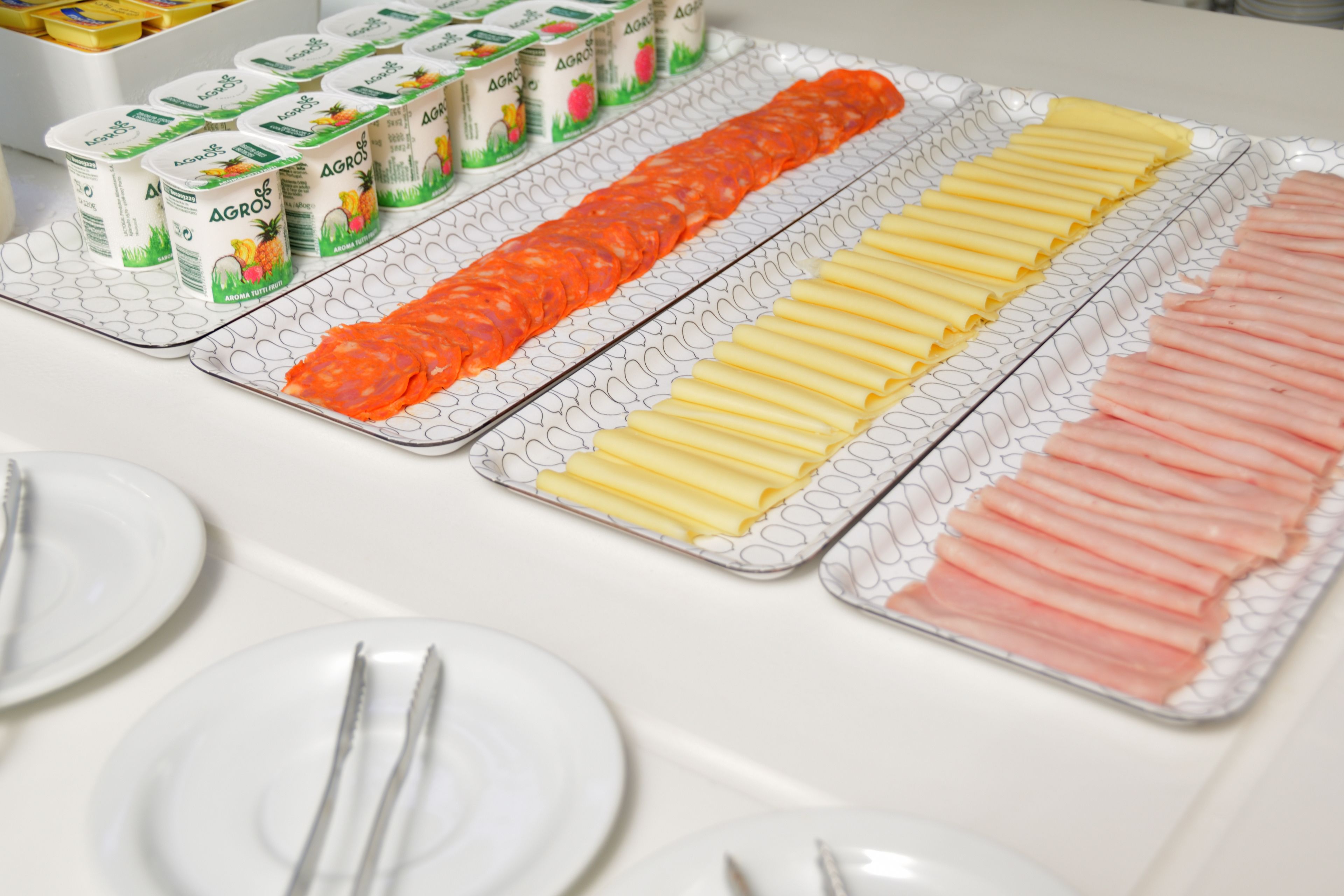 A buffet table with trays of sliced meats and dairy products.