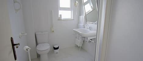A bathroom with a toilet, sink, and a window.
