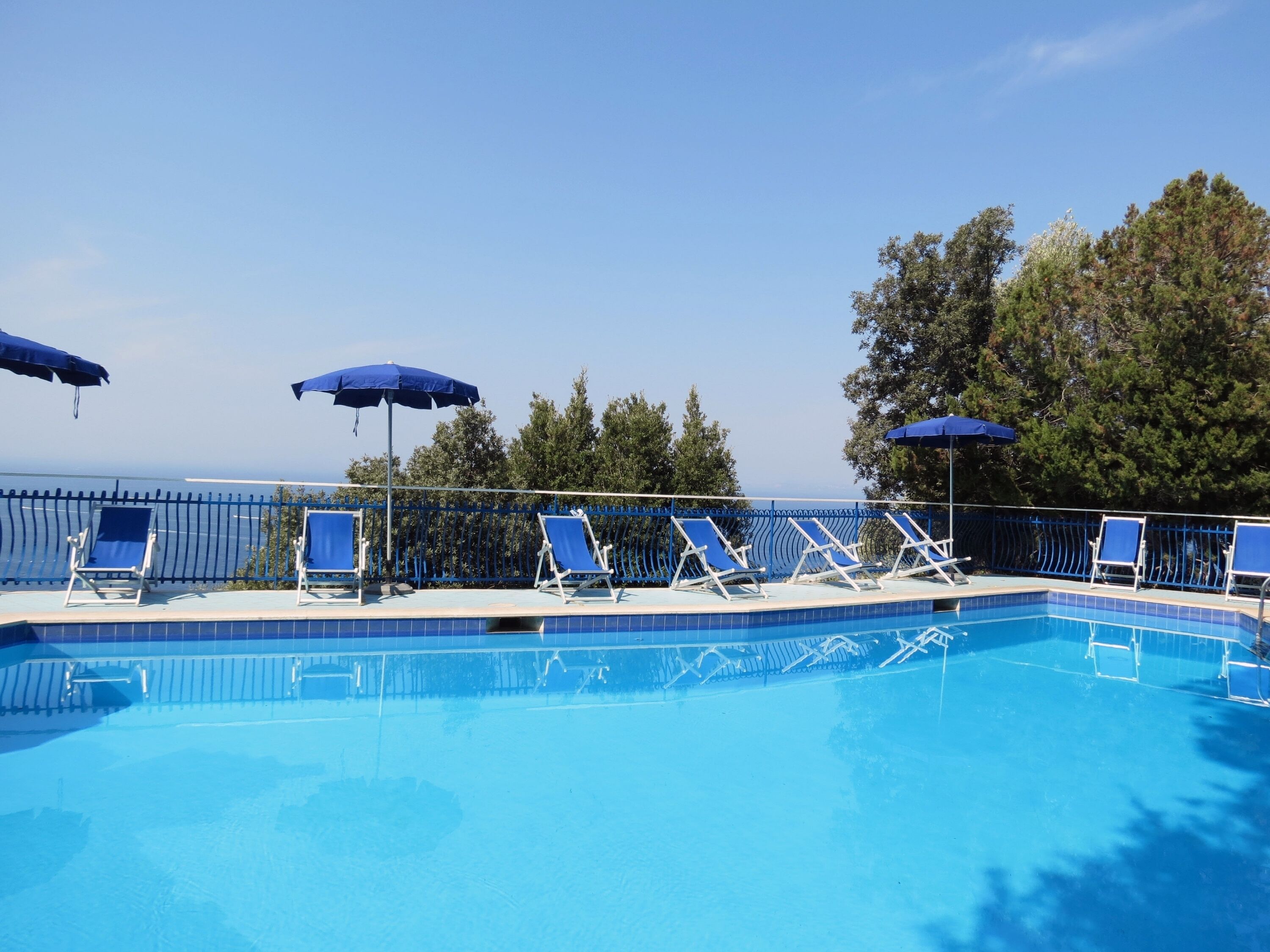 Une piscine entourée d’une clôture métallique, avec des chaises longues bleues et des parasols, des arbres et un ciel dégagé en arrière-plan.