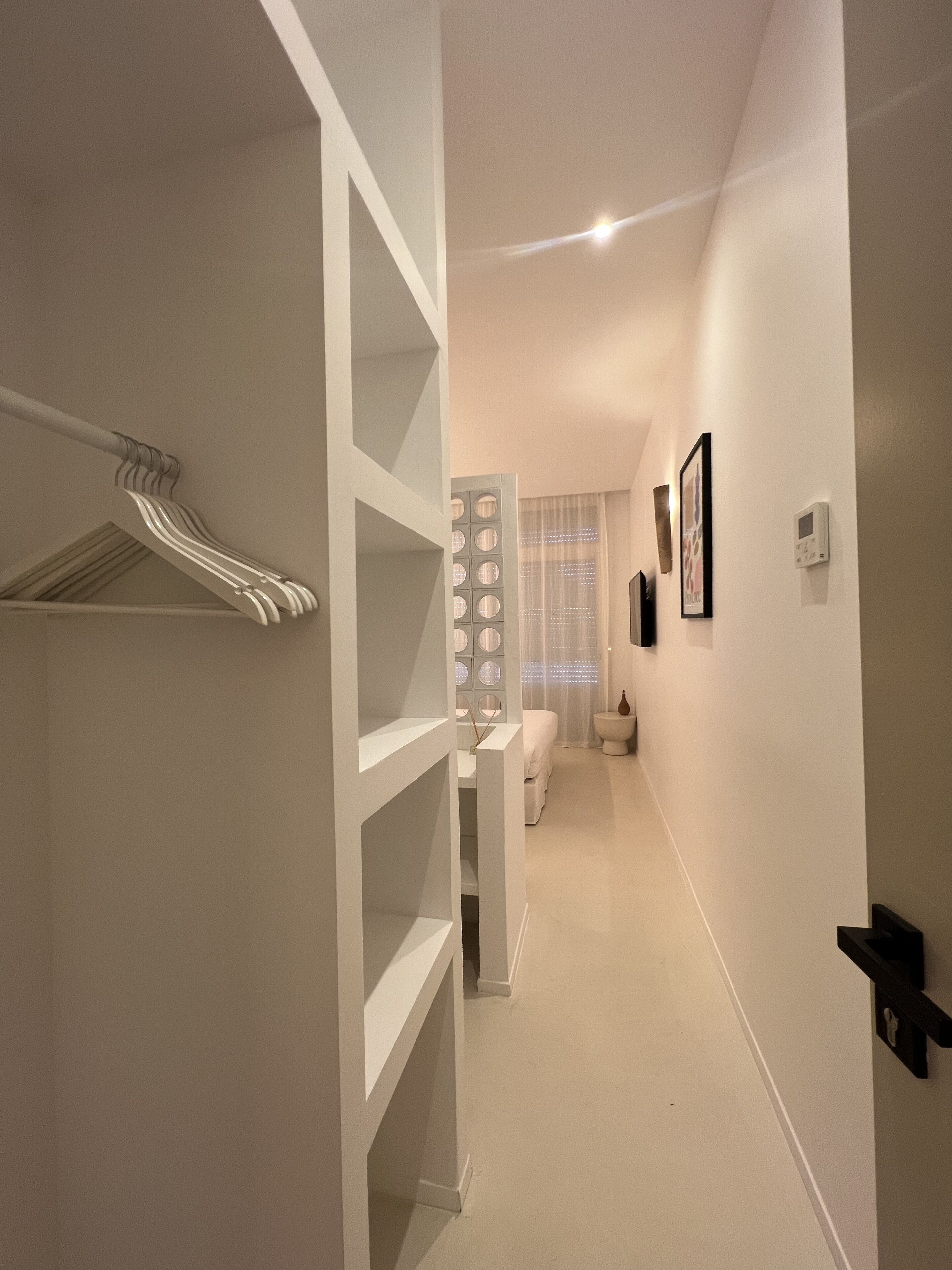A narrow hallway with a white closet, a toilet, and a framed picture on the wall.