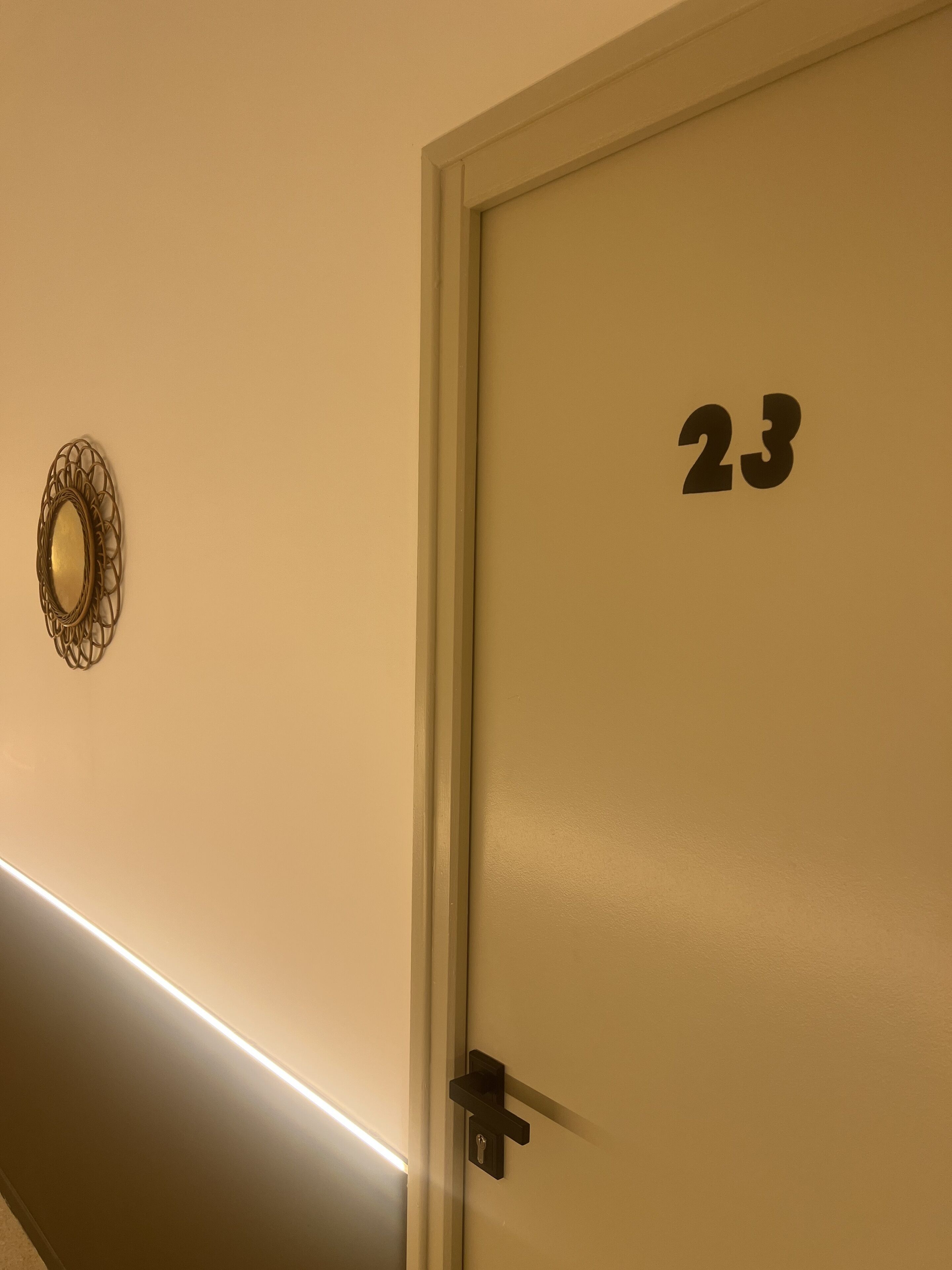 A door with the number 23, a wall-mounted light fixture, and a door handle.