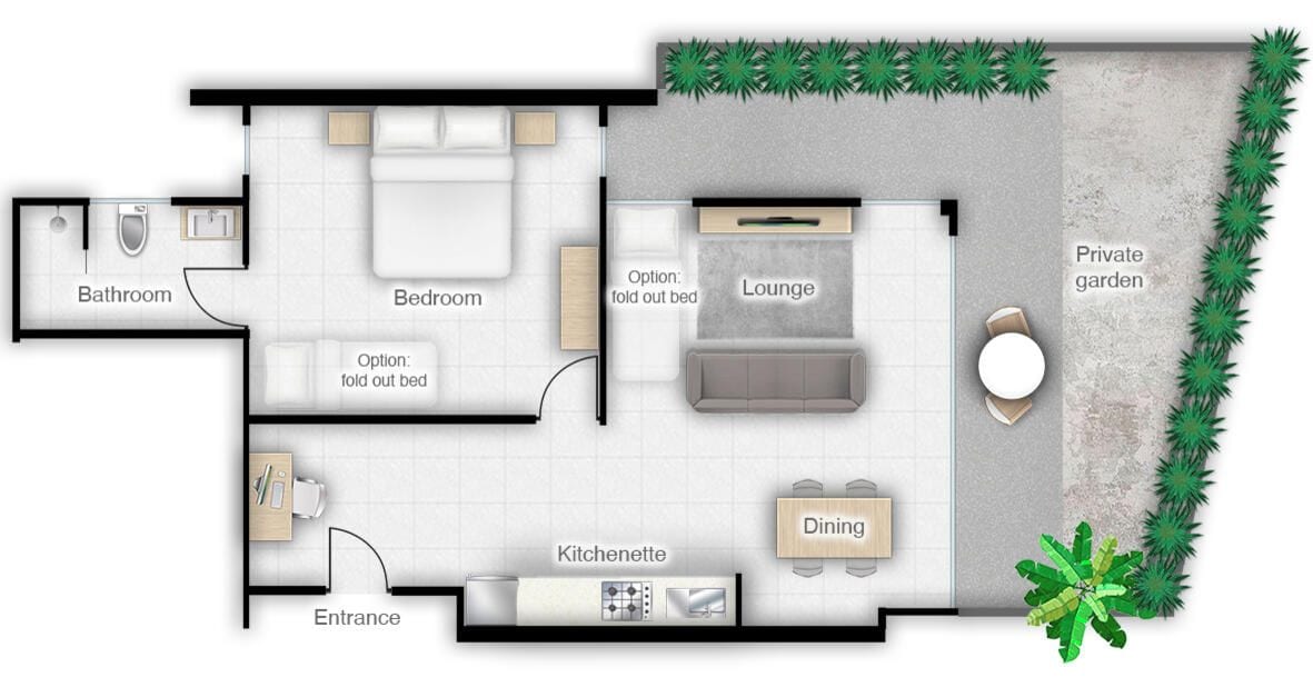A floor plan of a hotel room with a bathroom, two bedrooms, a lounge, a dining area, and a kitchenette.