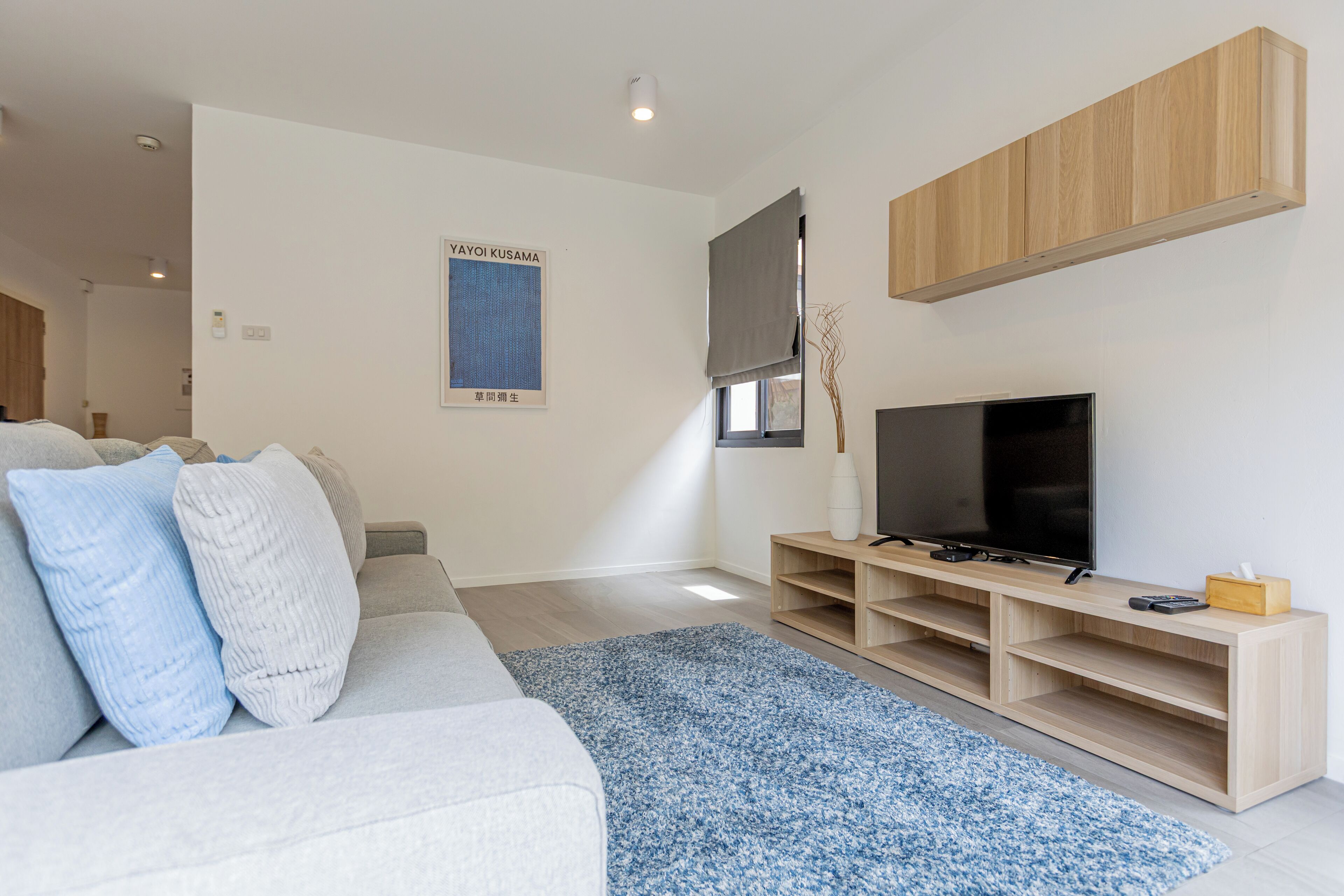 A modern living room with a grey sofa, a blue rug, a TV on a wooden stand, and a poster on the wall.