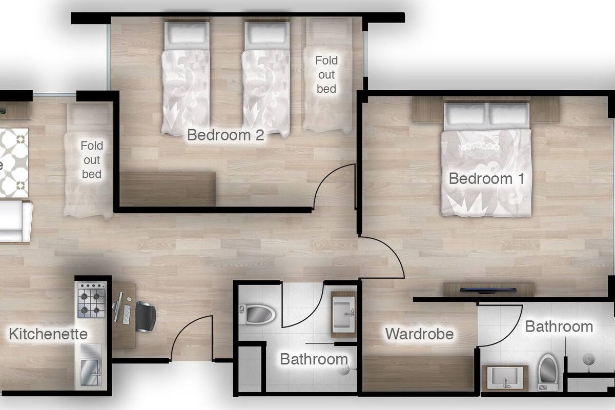 A floor plan of a hotel with a lounge, two bedrooms, a kitchenette, a wardrobe, and a bathroom.