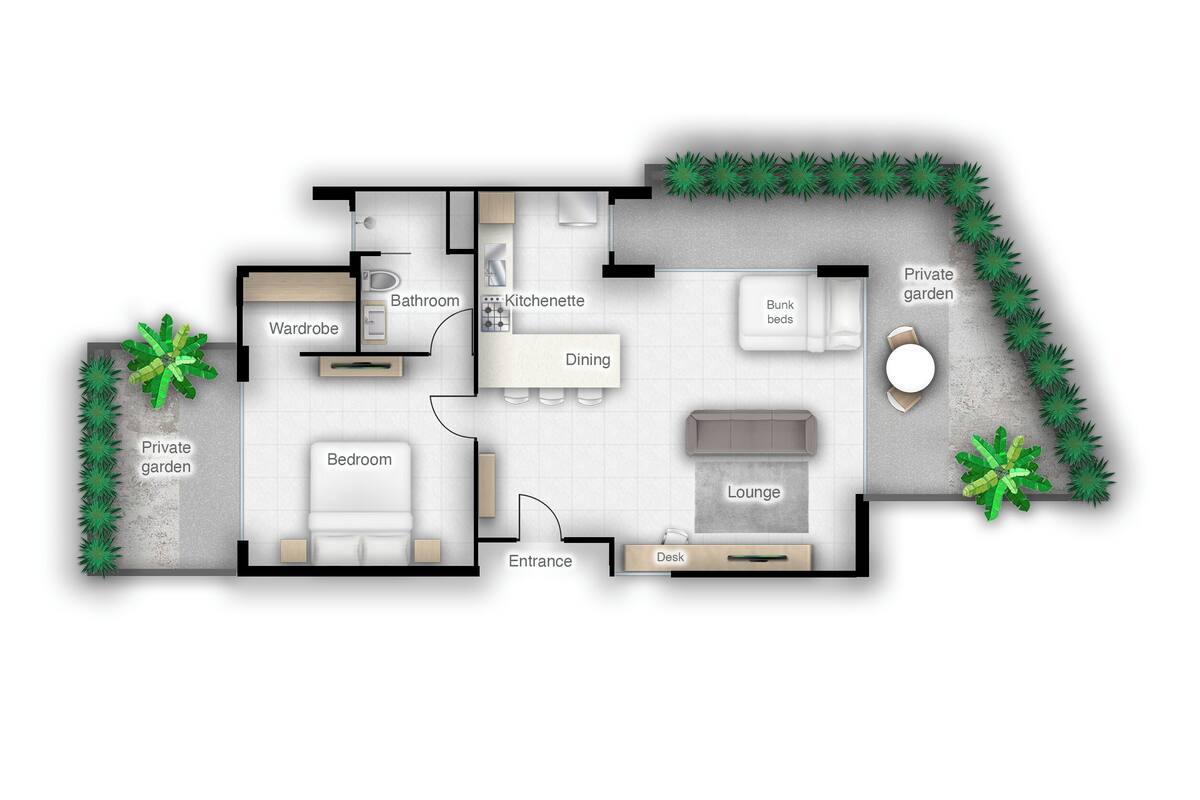 A floor plan of a house with a private garden, dining area, kitchenette, bathroom, bedroom, lounge, and a wardrobe.