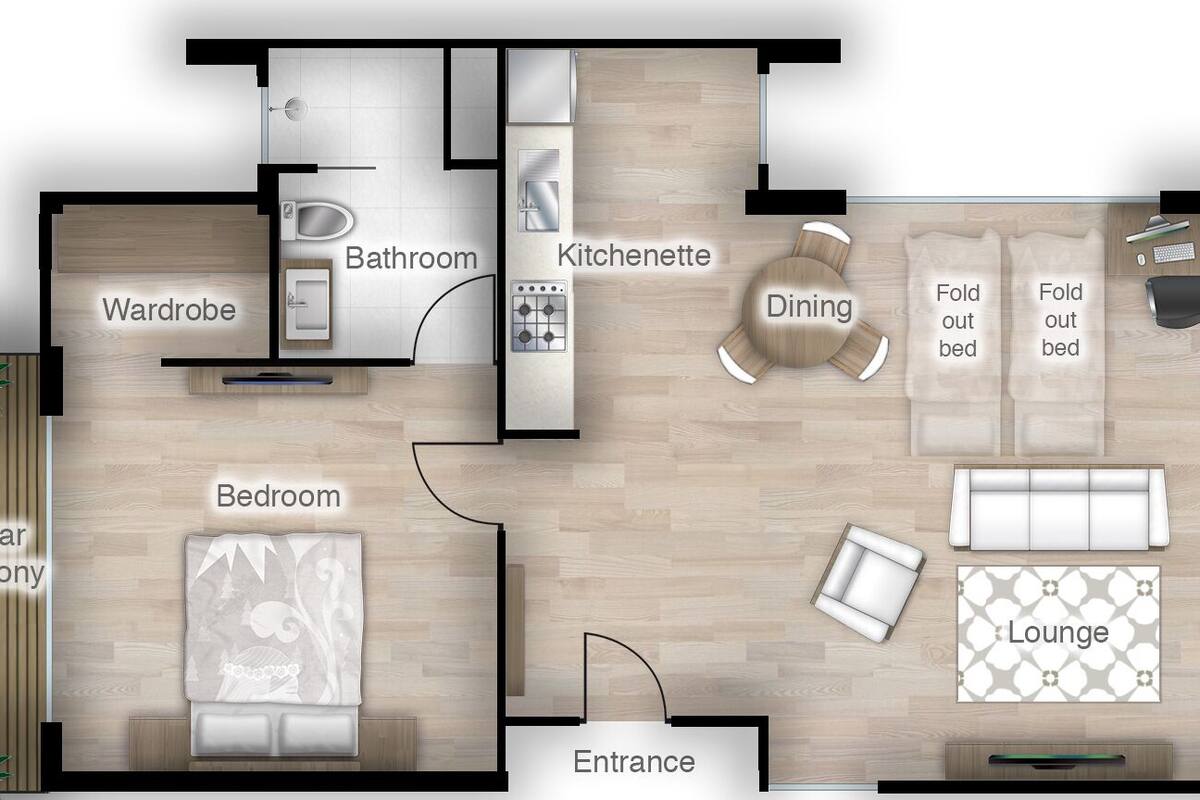 A floor plan of a hotel with a bedroom, bathroom, wardrobe, kitchenette, dining area, lounge, and two balconies.