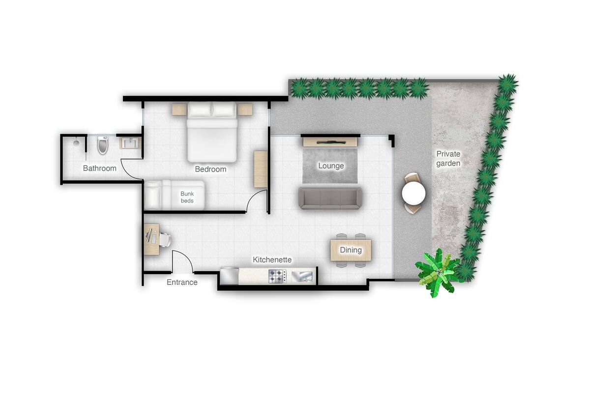 A floor plan of a hotel room with a bathroom, bedroom, bunk beds, lounge, dining area, kitchenette, and a private garden.