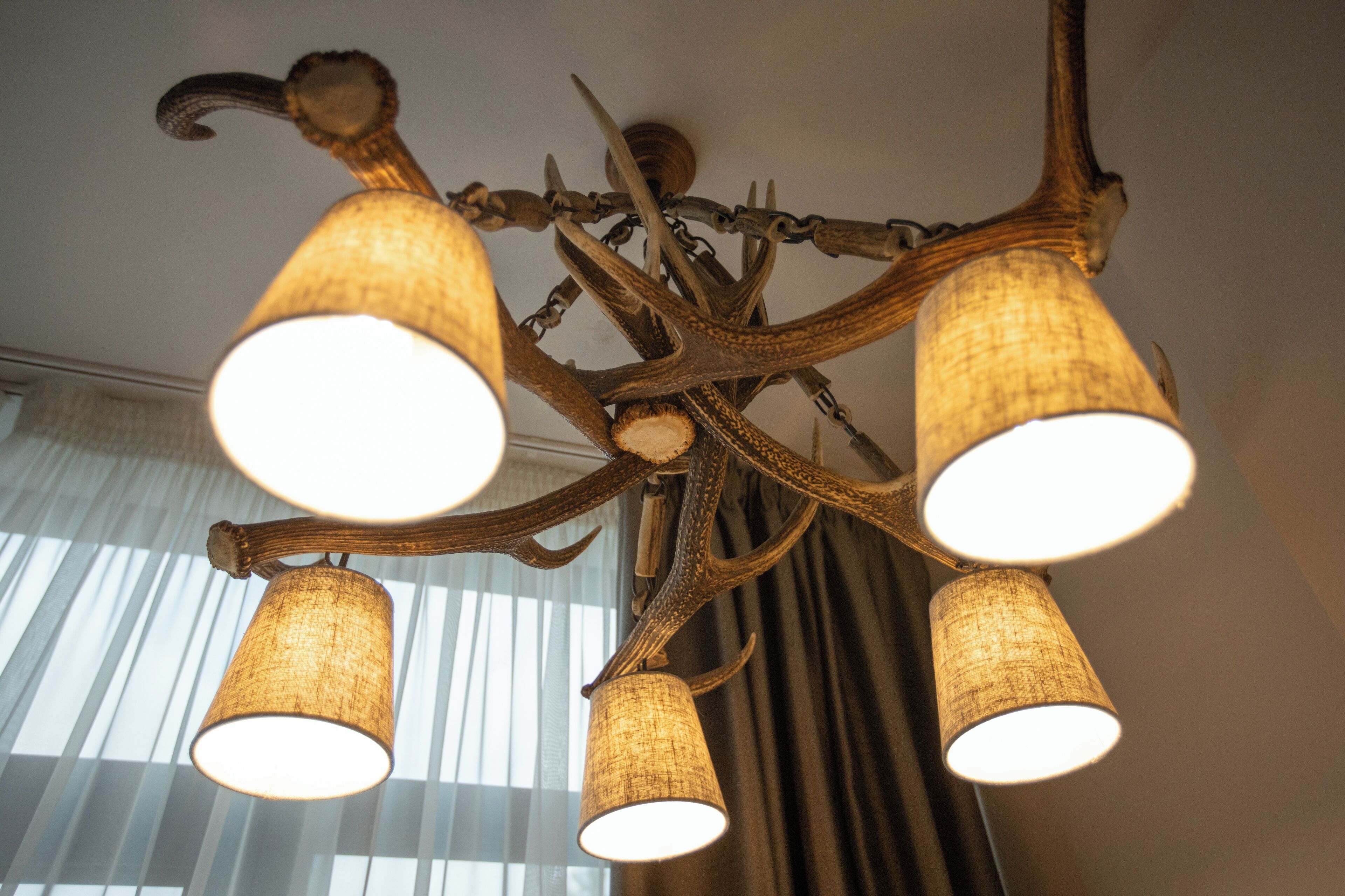 Un lustre doté de plusieurs points lumineux et d’un design en bois.