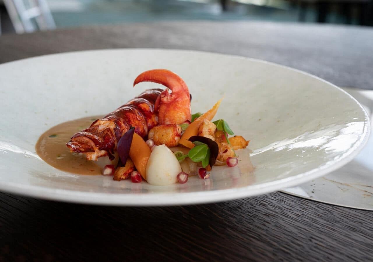 A plate of food with a lobster tail, vegetables, and a sauce.
