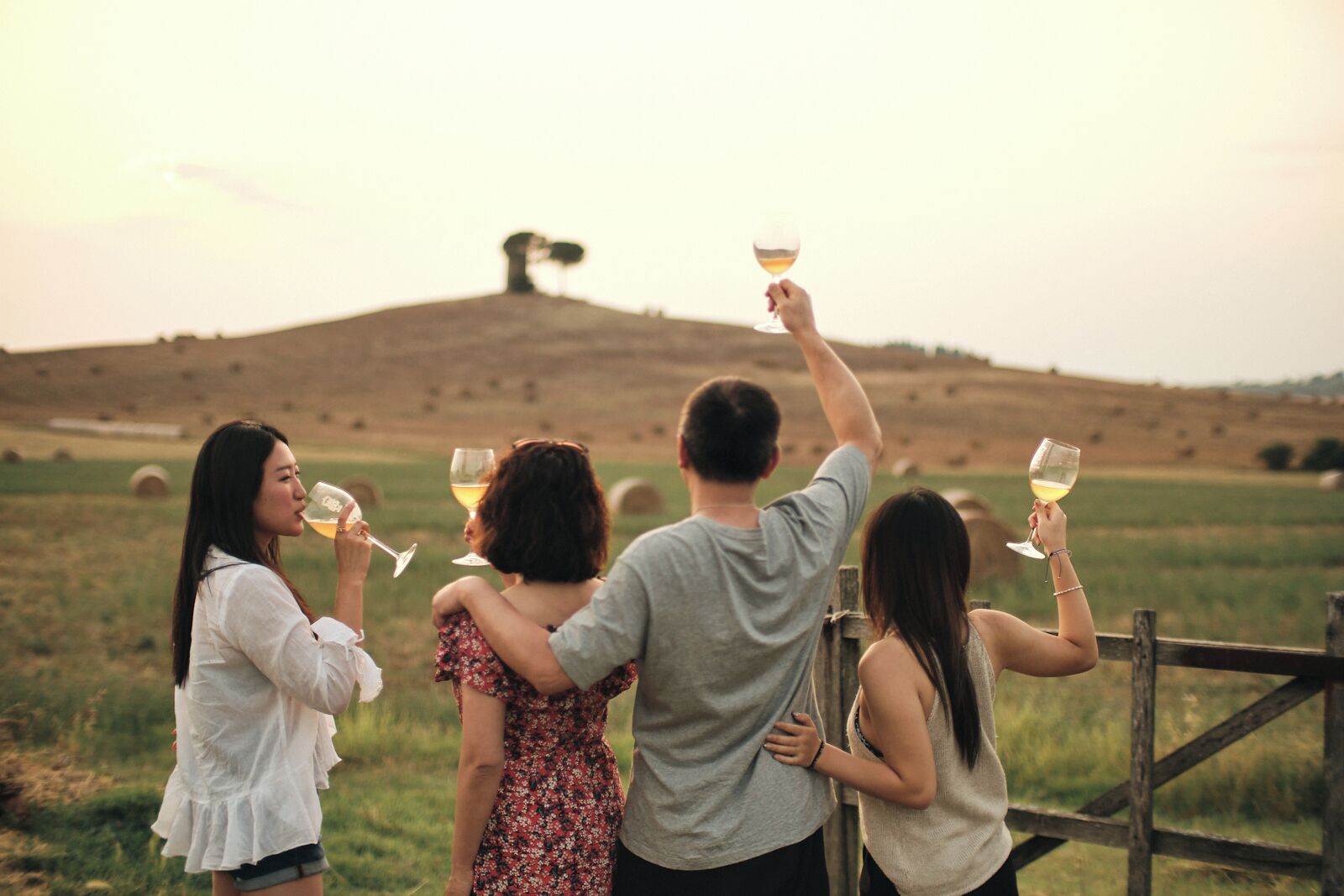 A group of people standing outdoors, holding wine glasses, with a hilly landscape in the background.