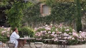 A woman sitting at a table in a garden with a pergola, surrounded by pink flowers and greenery. - Relais Sant'Elena (Bibbona)