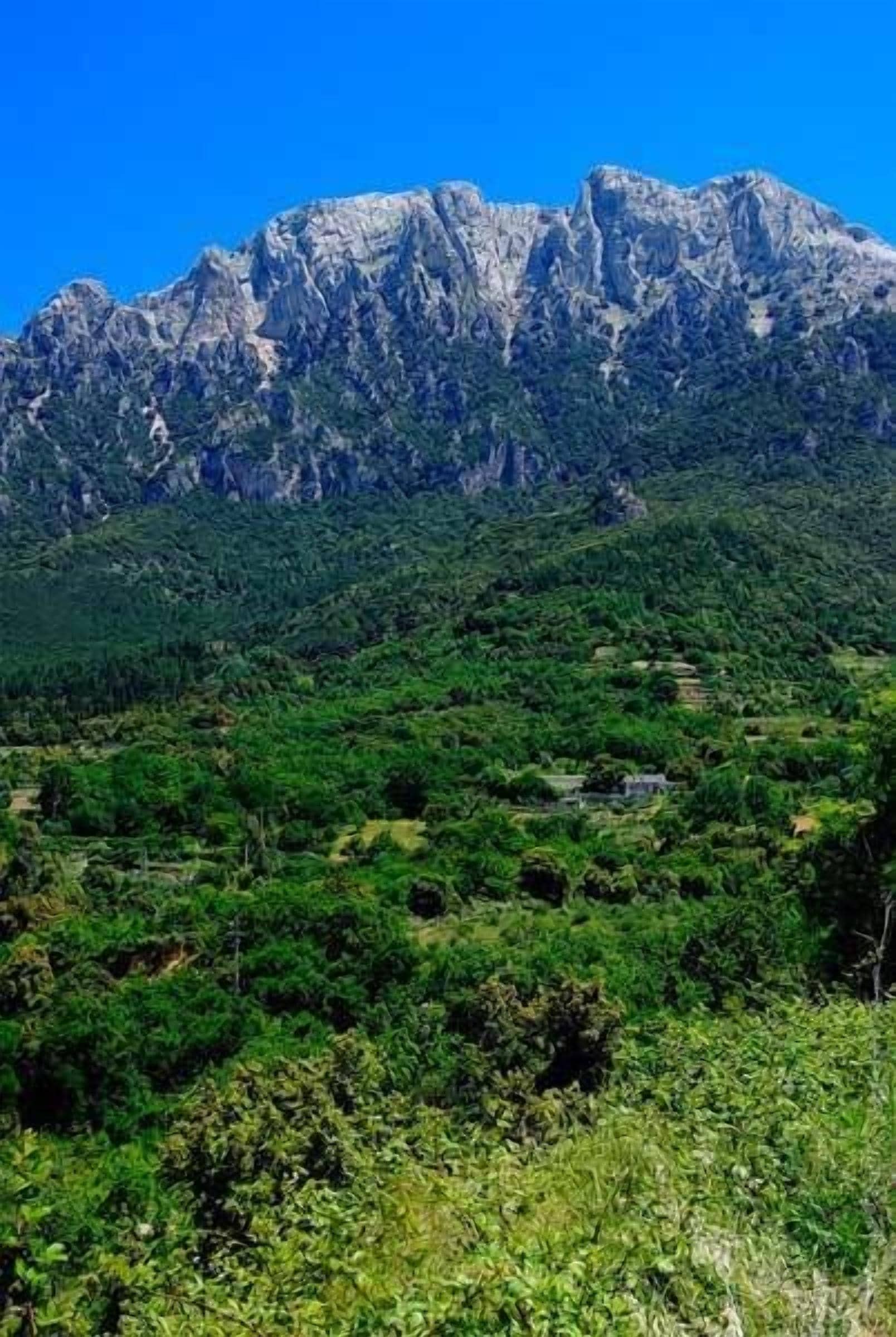 Paesaggio montuoso con vegetazione verdeggiante e cielo azzurro intenso.