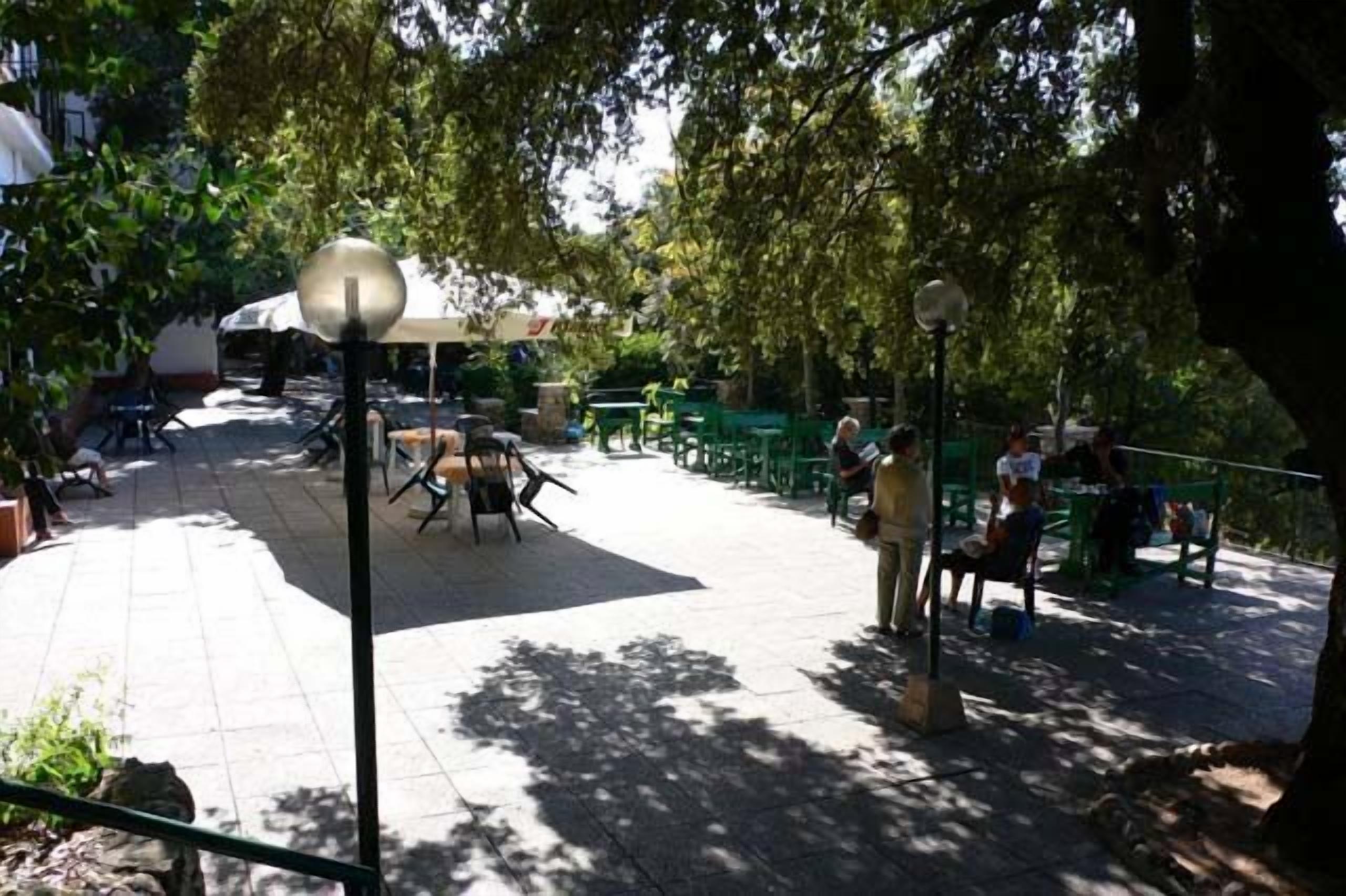 Eine Außenpatio-Terrasse mit Tischen und Stühlen, umgeben von Bäumen.