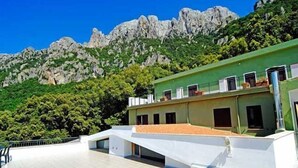 Un edificio de techo plano y fachada verde, con montañas al fondo.