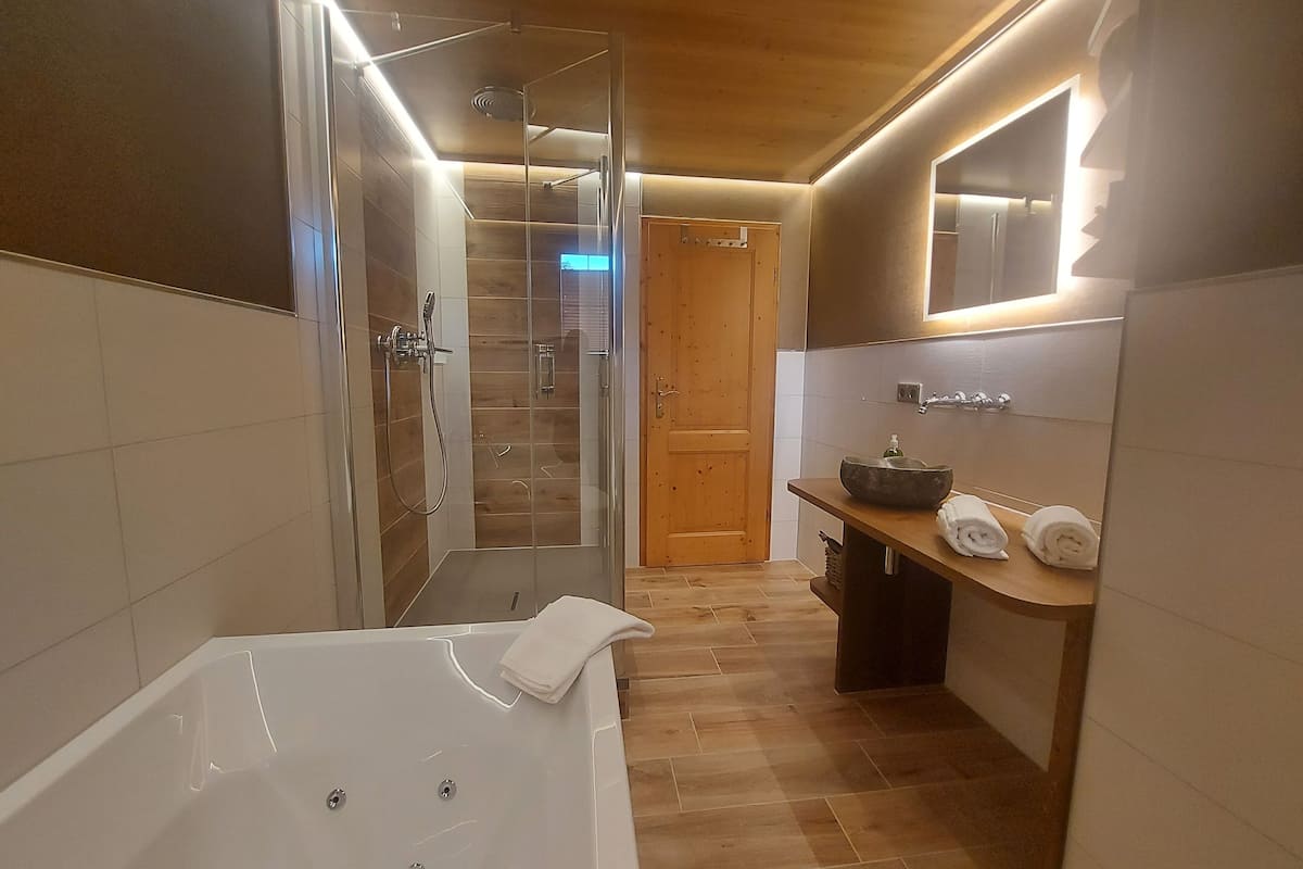 suite | bathroom | shower, hydromassage showerhead, free toiletries, hair dryer
