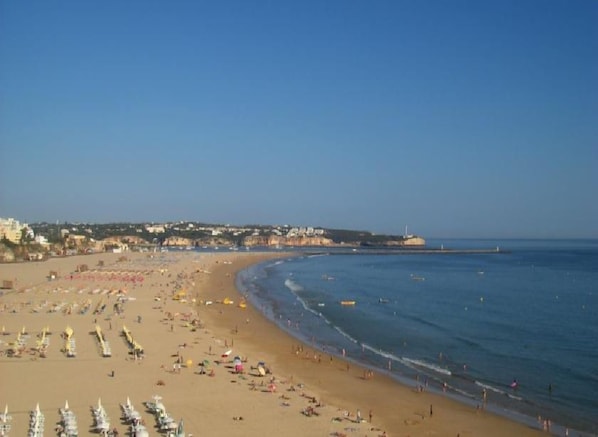 A beach with rows of umbrellas and sun loungers, a clear sky, and a calm sea.
