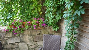 A stone wall with potted plants and a wicker chair. - Hotel Petr (Karlovy Vary)