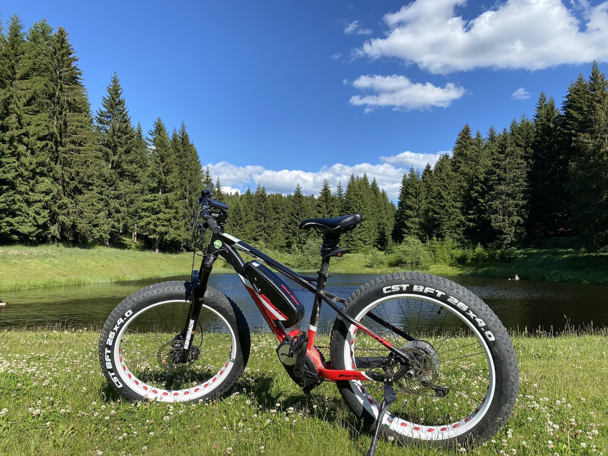 A mountain bike parked on grass near a lake with trees in the background.