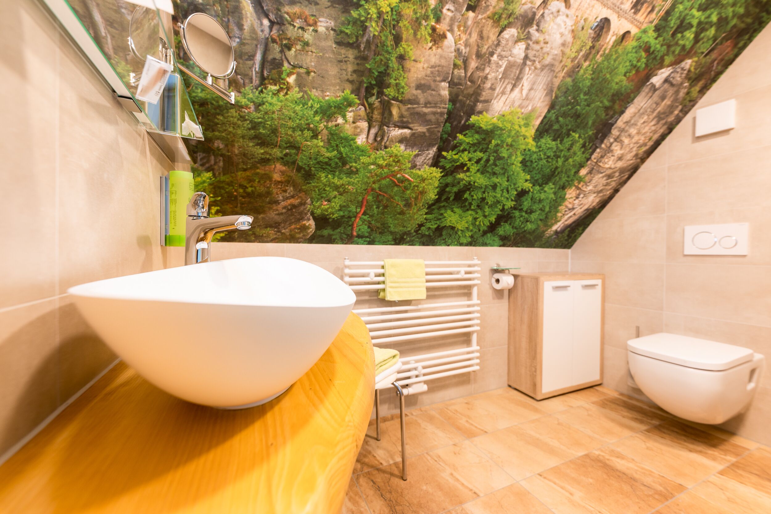 Ein Badezimmer mit einem großen Waschbecken, einem Spiegel, einem Handtuchhalter, einer Toilette und einer Wand mit einem Wandbild von Naturmotiven.