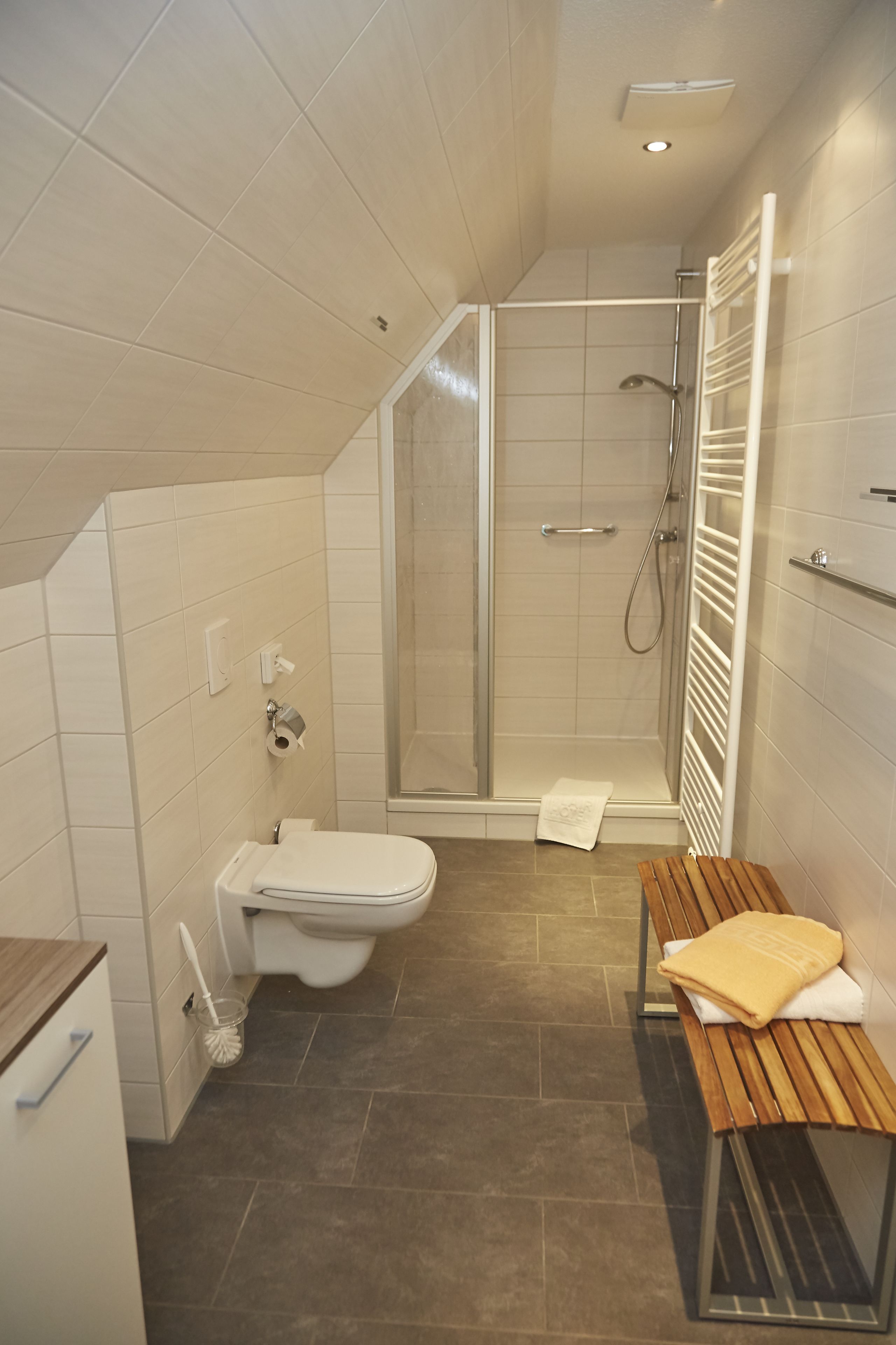 Ein modernes Badezimmer mit Dusche, Toilette und Sitzbank.