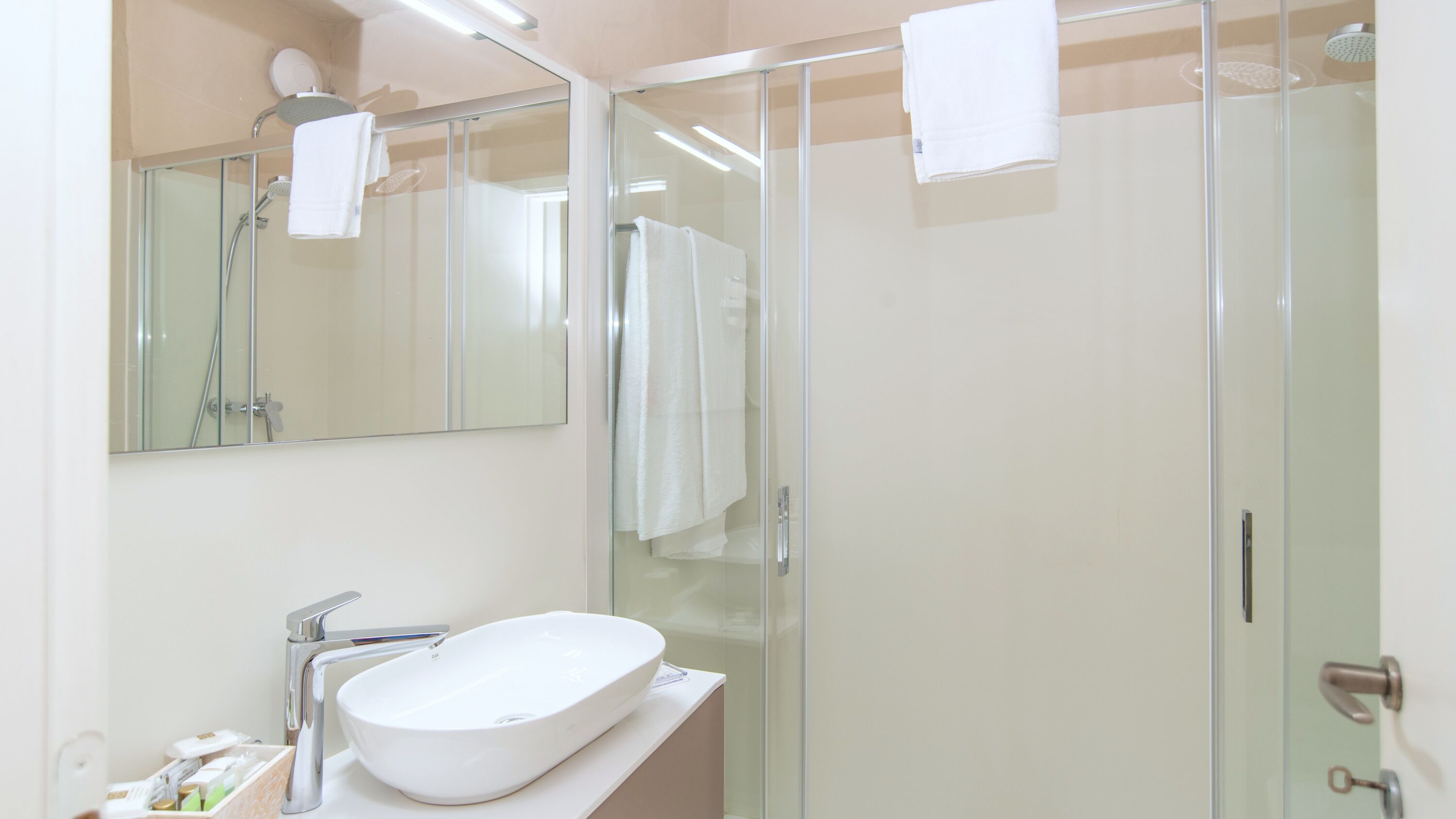 A modern bathroom with a glass shower enclosure, a white sink, and a large mirror.