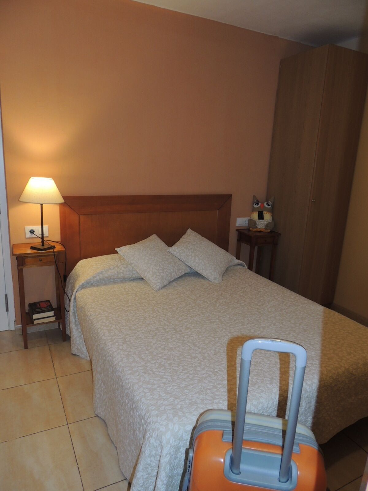 A hotel room with a bed, a nightstand with a lamp, a wooden wardrobe, and a suitcase.