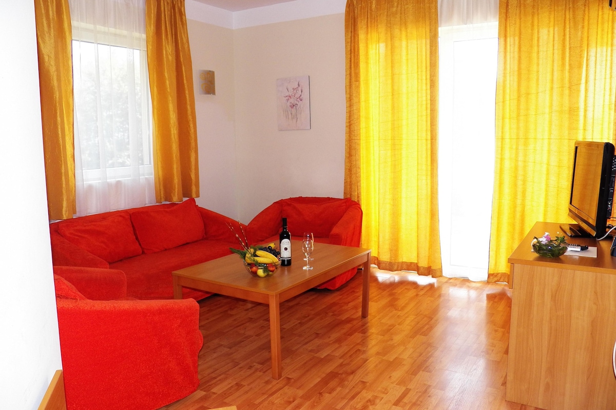 A living room with a red sofa, a wooden coffee table, and a TV on a wooden stand.