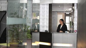 A reception area with a receptionist, glass partitions, and indoor plants.