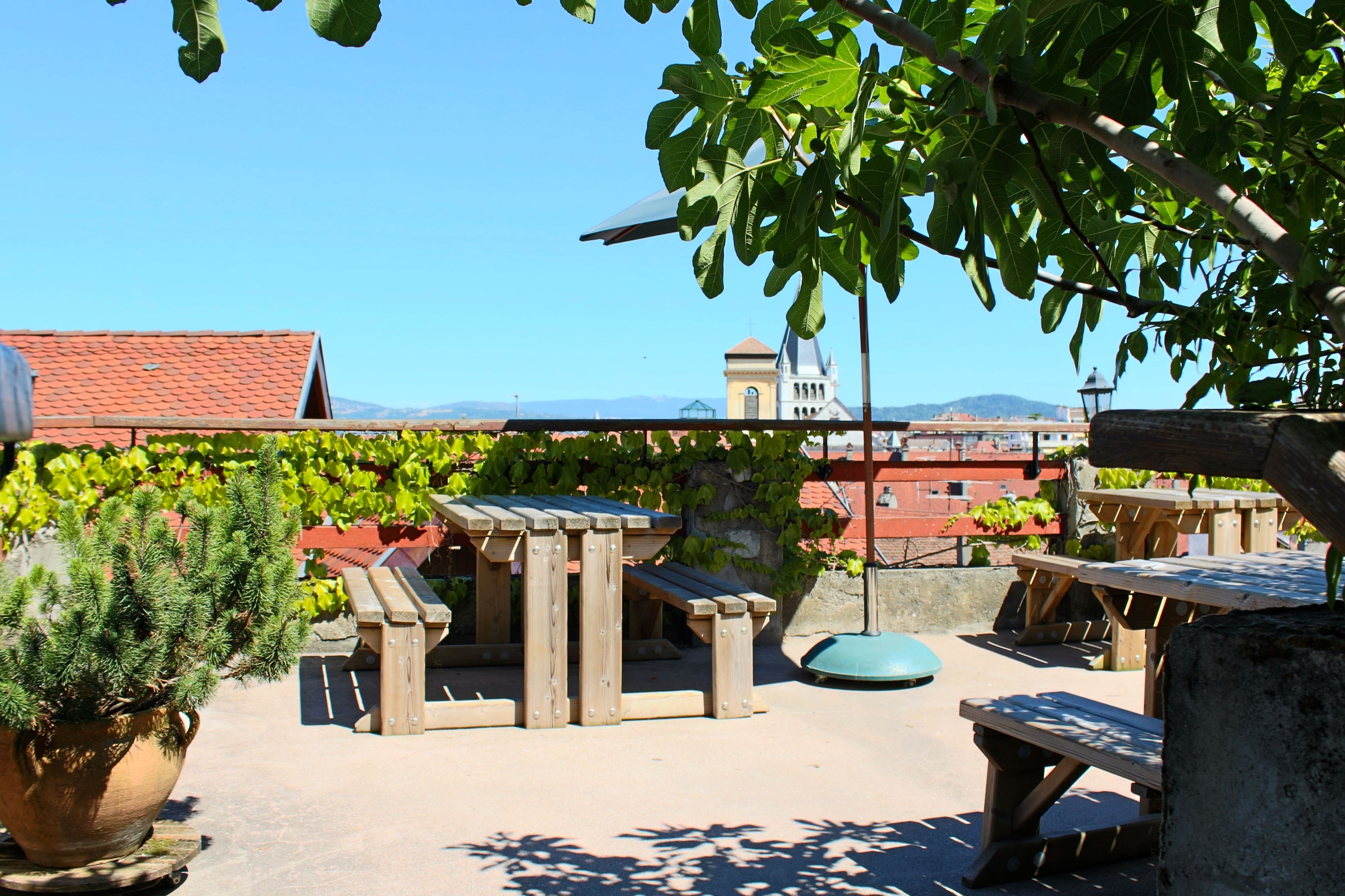 A rooftop terrace with wooden tables and benches, a potted plant, and a view of a building with a red roof and a tower.