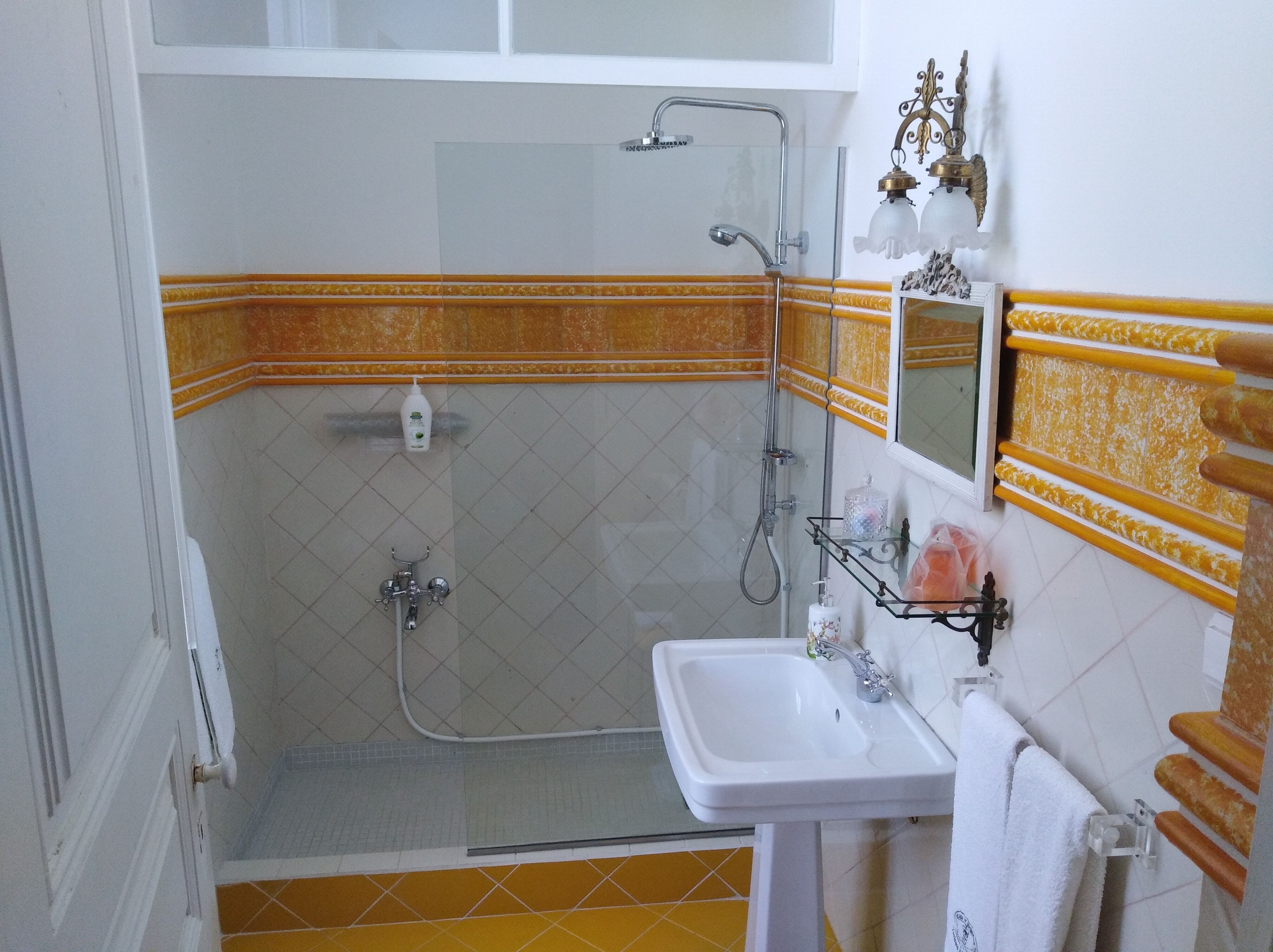 Baño con ducha, lavabo y espejo decorativo.