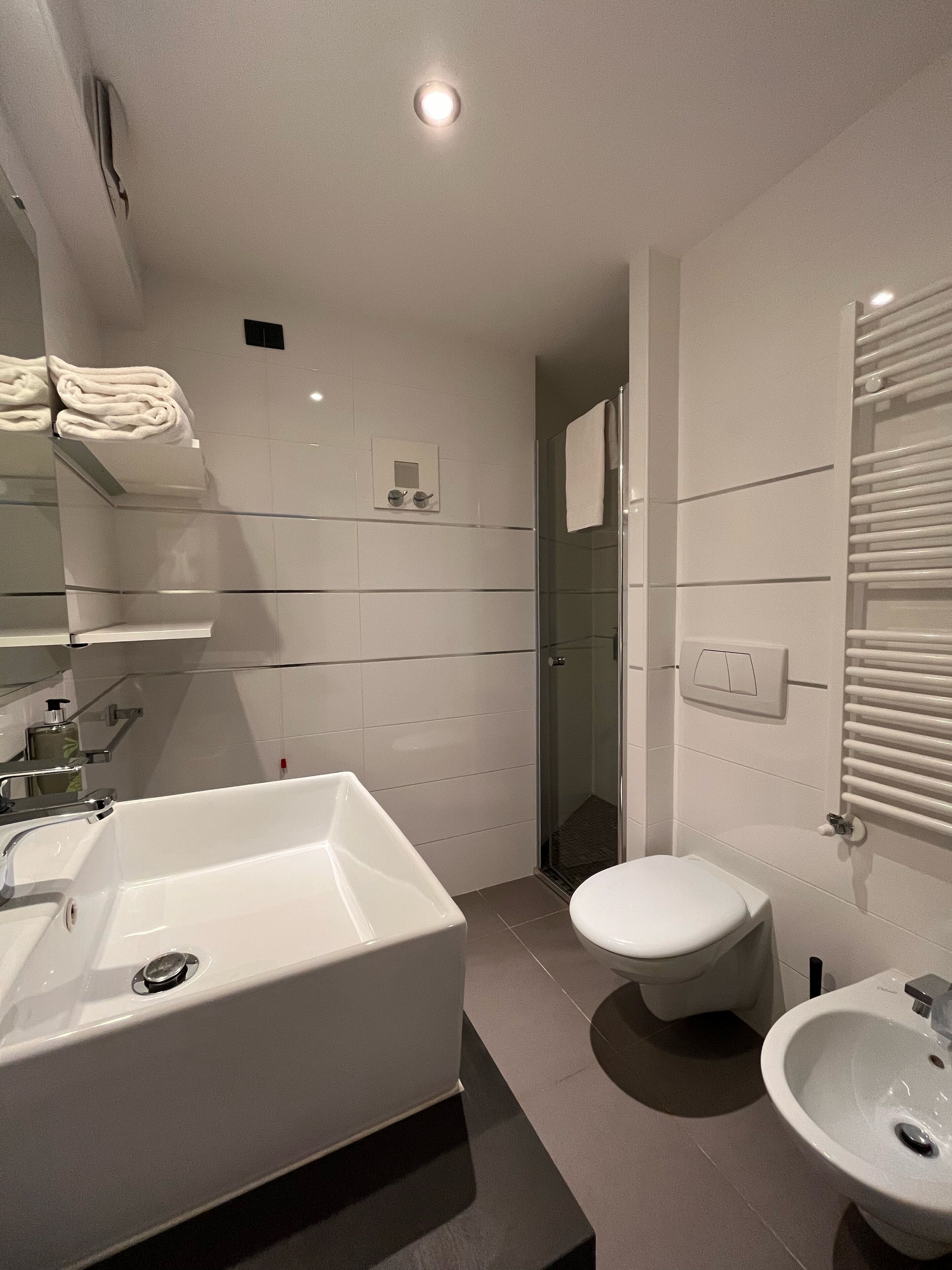 Un bagno moderno con una vasca da bagno ampia, un water e un lavandino.