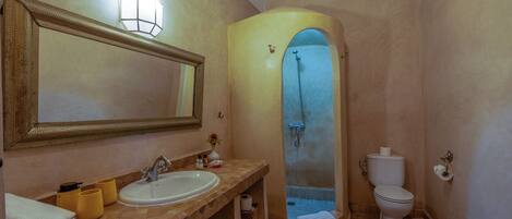 Un bagno con un grande specchio, due lavandini, una doccia e un water.