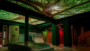 A modern indoor pool area with a glass ceiling, green walls, and a central staircase. - Depandance Vila Higiea - Terme Dobrna (Dobrna)