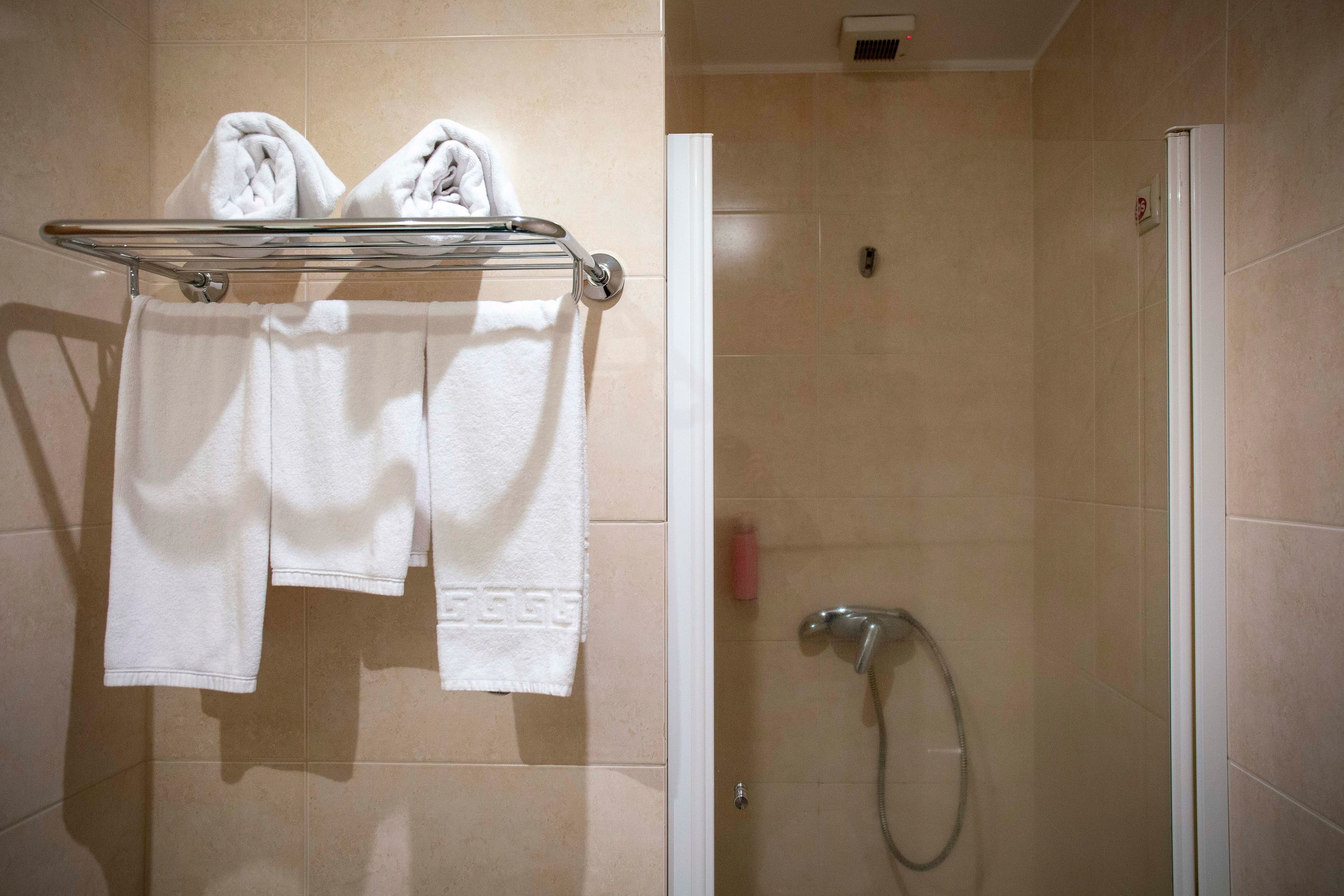 A bathroom with a towel rack holding two towels, a shower area with a handheld showerhead, and a toilet.