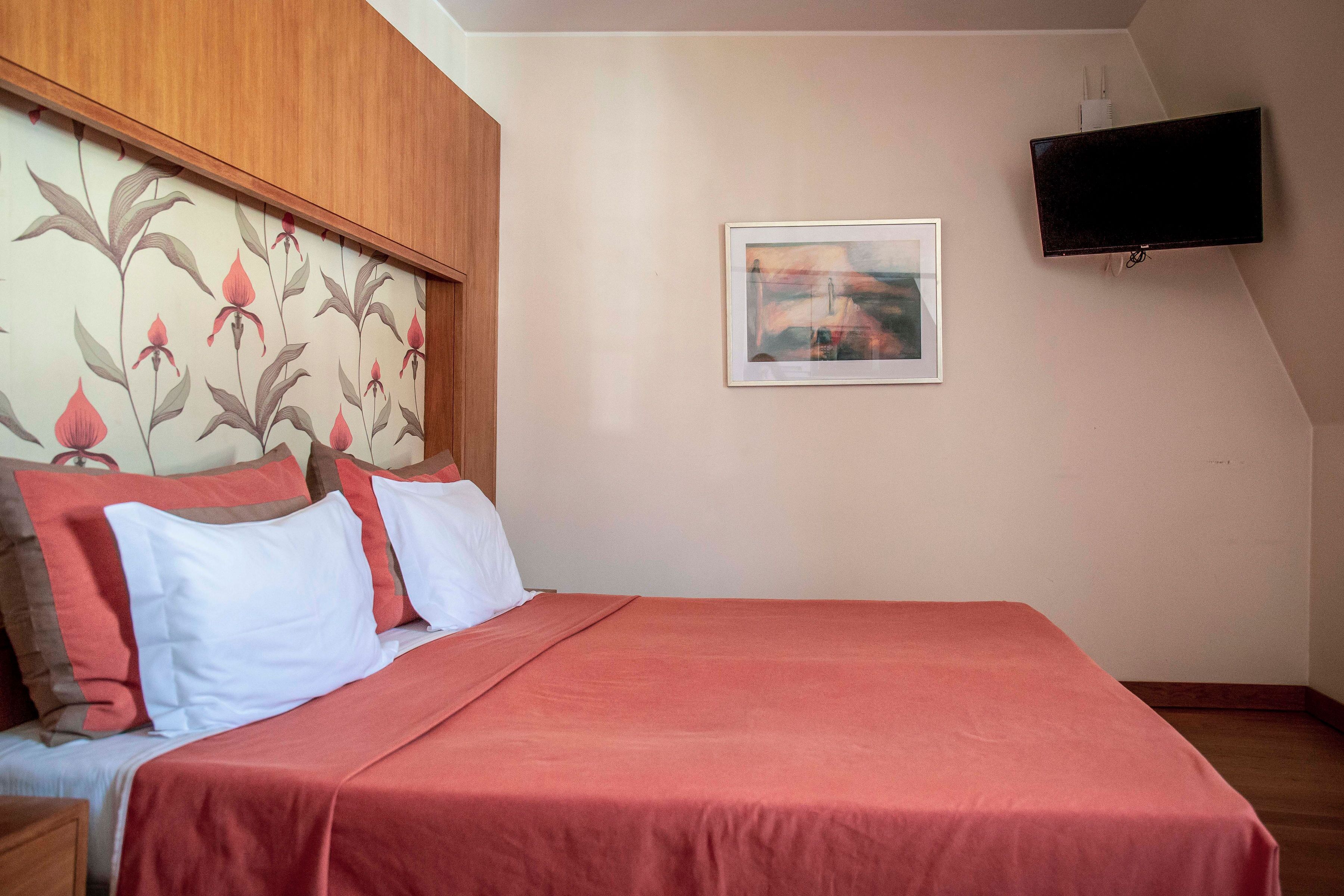 A bedroom with a bed, pillows, a TV mounted on the wall, and a framed picture.