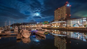 Puerto deportivo con barcos amarrados, un gran edificio de hotel y un cielo nocturno despejado.