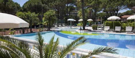 Outdoor pool, pool umbrellas, pool loungers