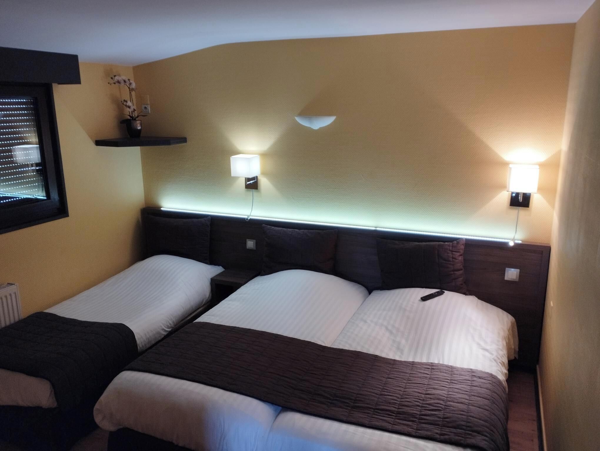Une chambre d’hôtel avec deux lits, une table de chevet, une étagère fixée au mur avec une plante et deux lampes fixées au mur.