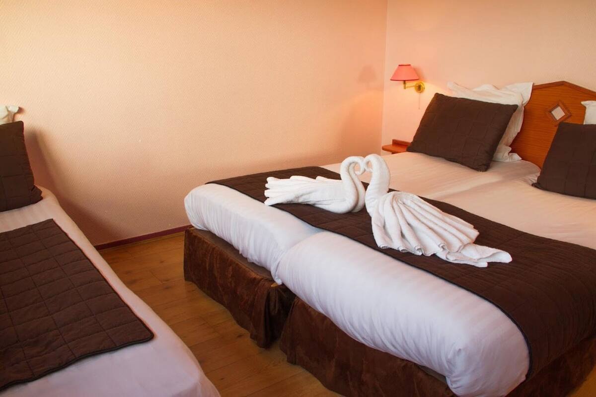 Een hotelkamer met twee bedden, elk met een bruin hoofdeinde en witte beddengoed. Op het bed op de voorgrond is een decoratieve zwaan van handdoeken gerangschikt.