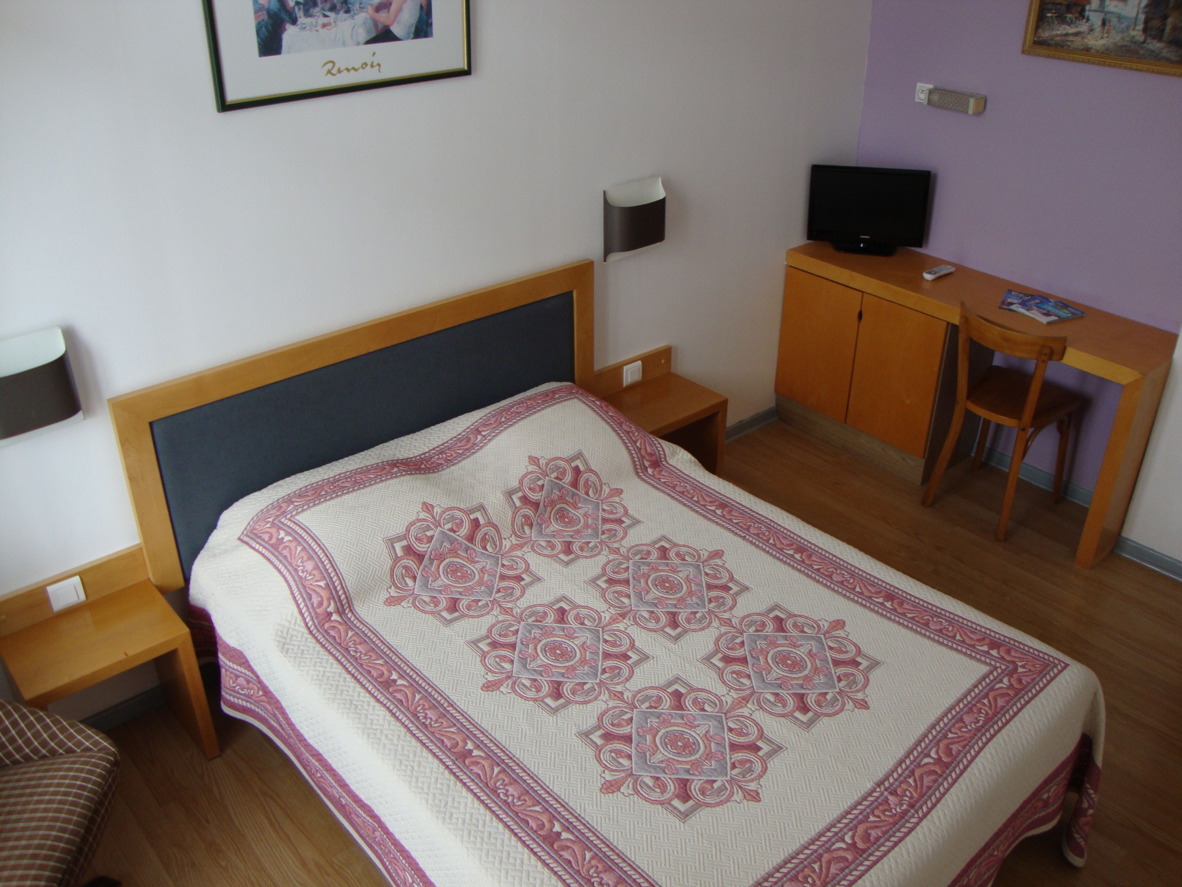 Un dormitorio con una cama, un escritorio, una silla y un televisor.