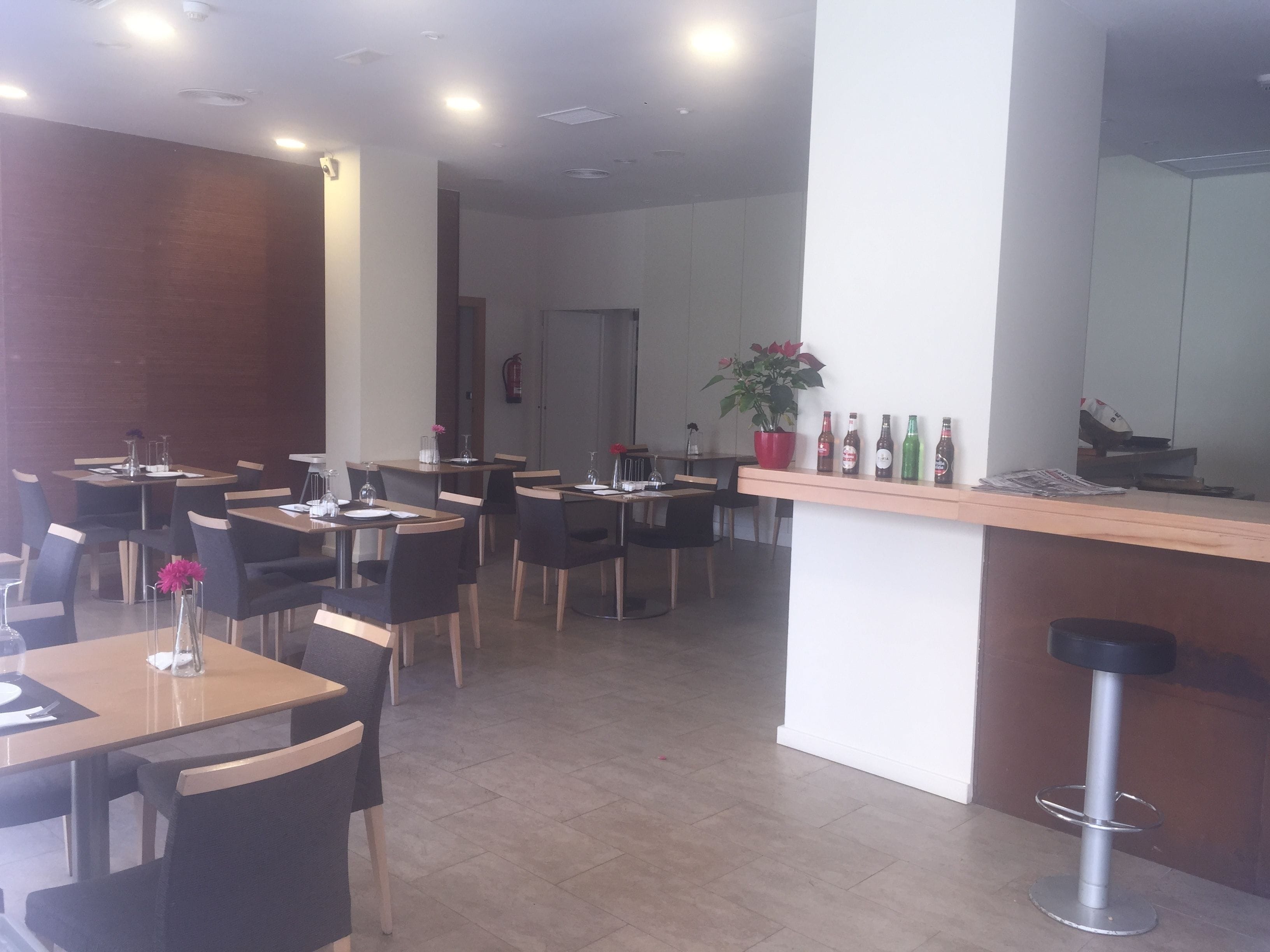 Een restaurant met verschillende tafels en stoelen, een bar met krukken, en een kamerplant.
