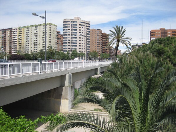 A bridge with white railings, a palm tree, and high-rise buildings in the background.