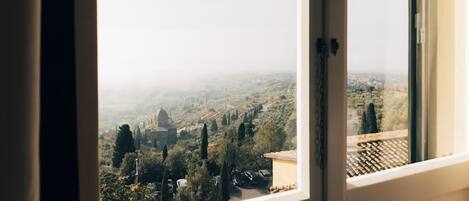 A window view of a town with buildings, trees, and parked cars.