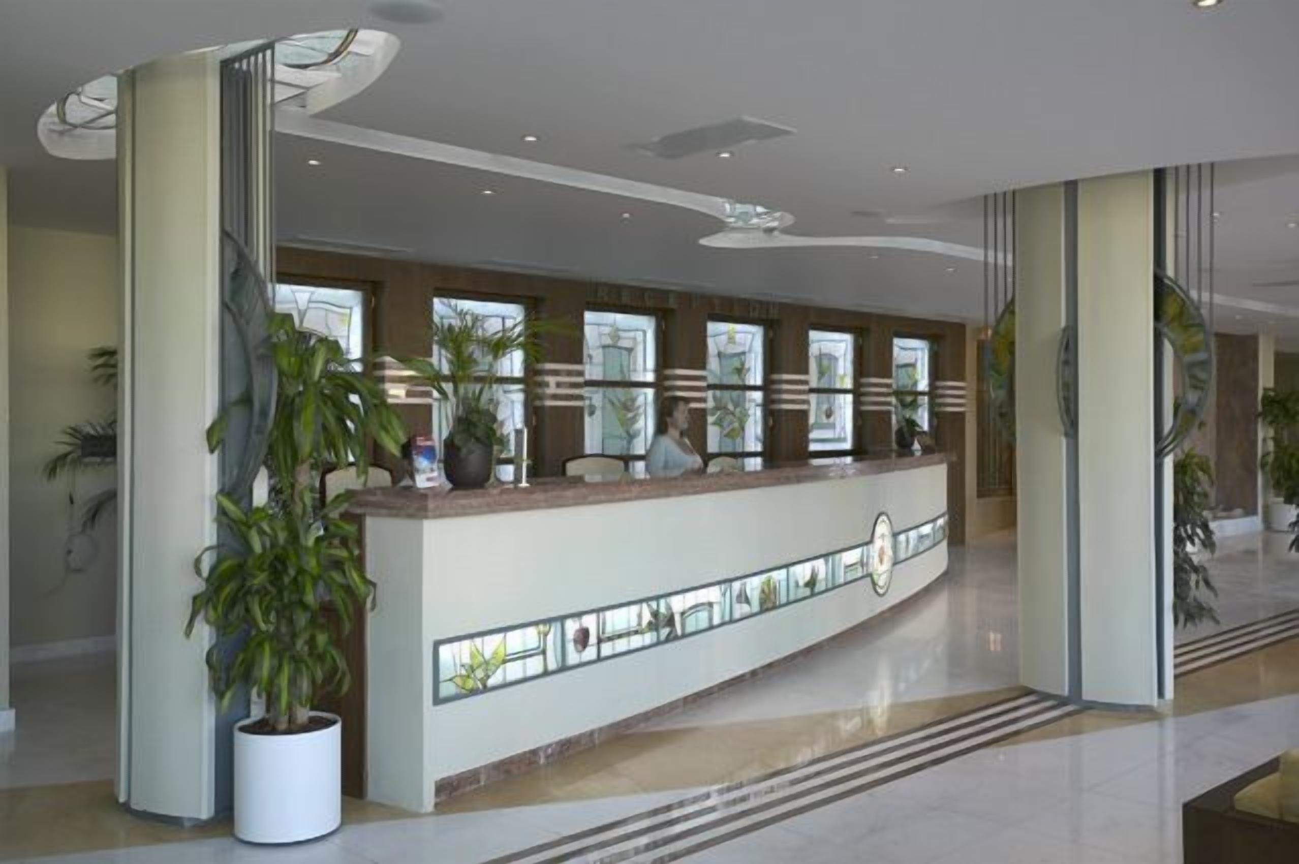 A modern reception area with a curved reception desk, large windows, and potted plants.